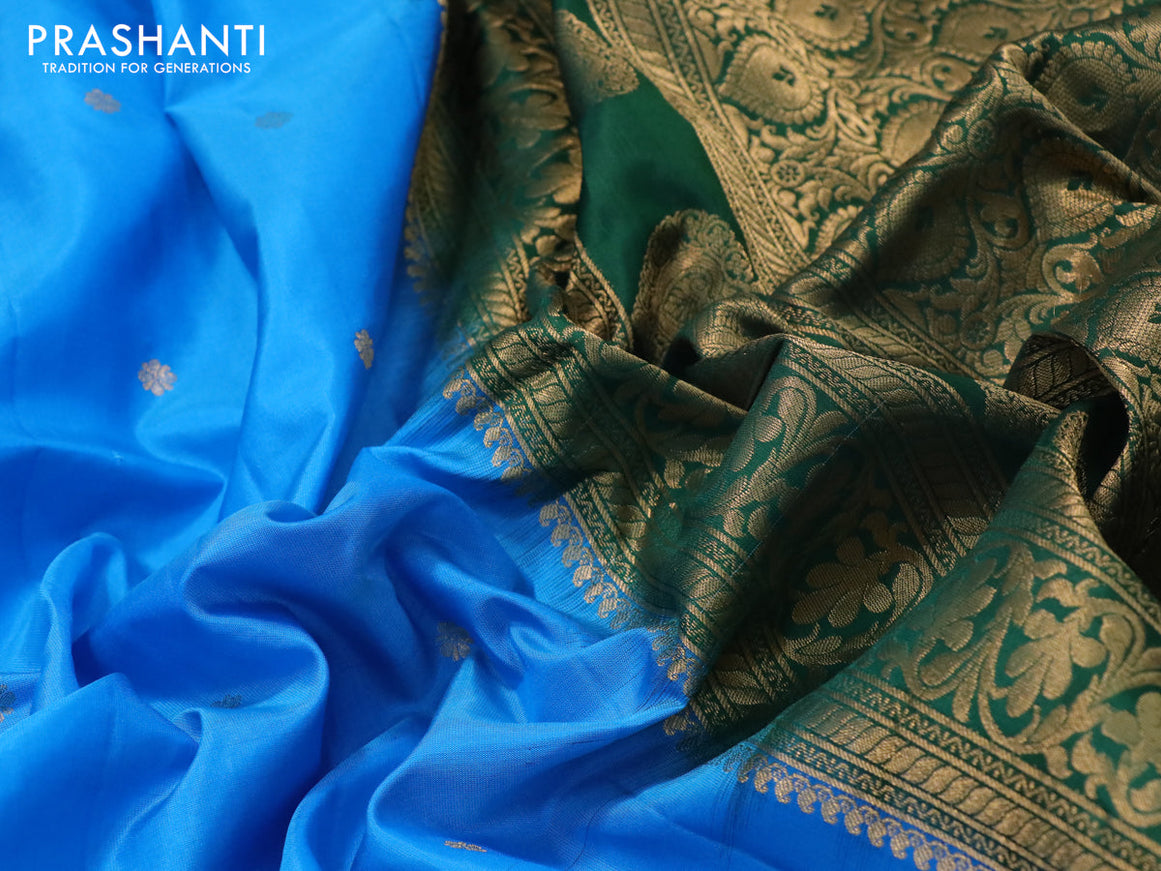 Pure gadwal silk saree cs blue and green with zari woven buttas and temple design floral zari woven border