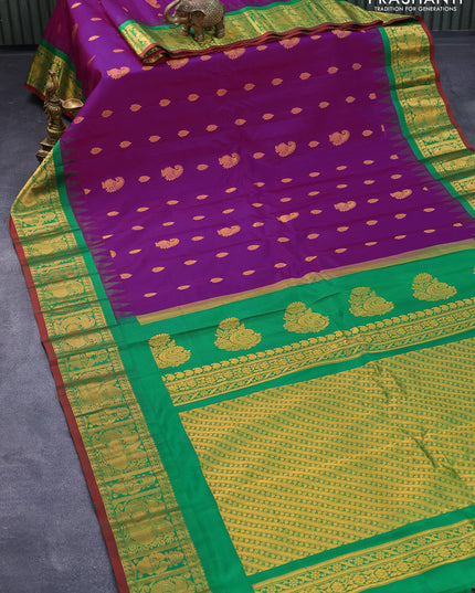 Pure gadwal silk saree purple and green with zari woven buttas and temple design annam zari woven border