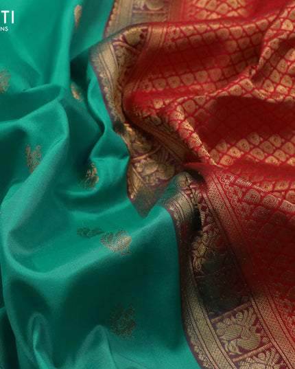 Pure gadwal silk saree teal blue and red with annam zari woven buttas and temple design zari woven border
