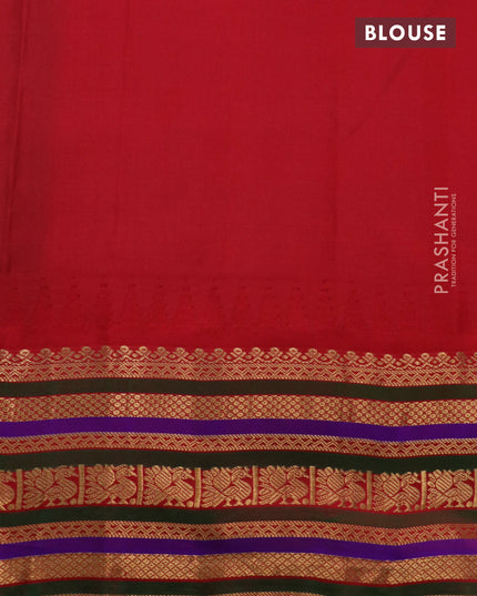 Pure gadwal silk saree teal blue and red with annam zari woven buttas and temple design zari woven border