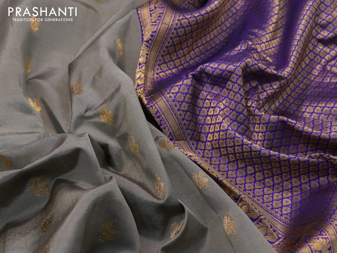 Pure gadwal silk saree grey and blue with annam zari woven buttas and temple design zari woven border