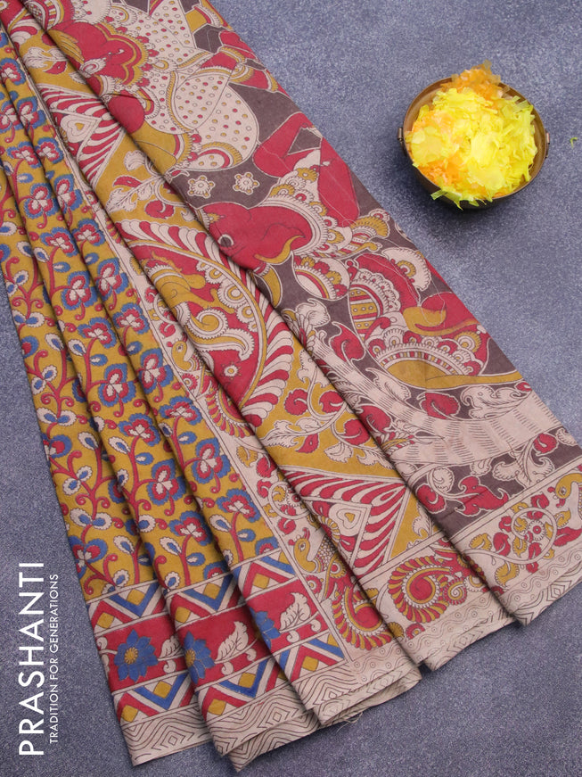 Kalamkari cotton saree mustard yellow and red with allover prints and printed border
