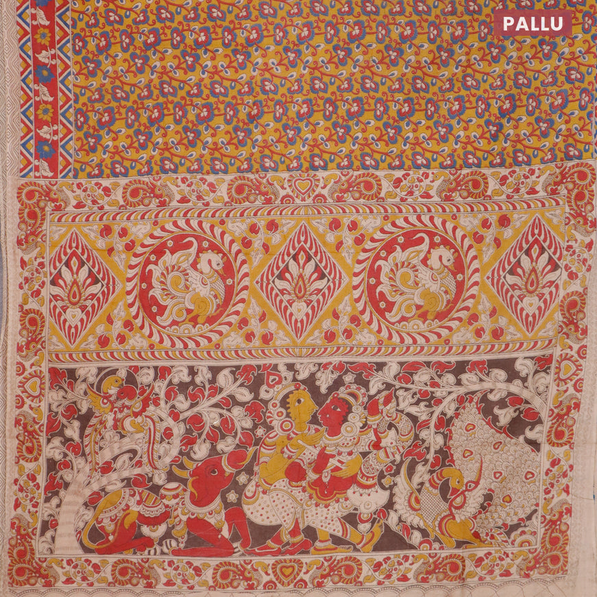 Kalamkari cotton saree mustard yellow and red with allover prints and printed border