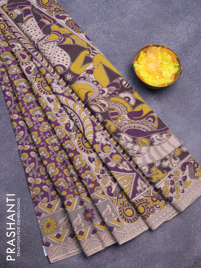 Kalamkari cotton saree purple and grey with allover prints and printed border