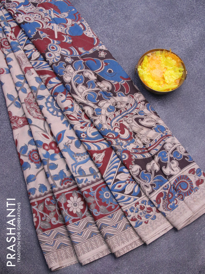 Kalamkari cotton saree beige and maroon with allover prints and printed border