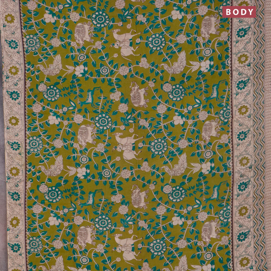 Kalamkari cotton saree mehendi green and beige with allover prints and printed border
