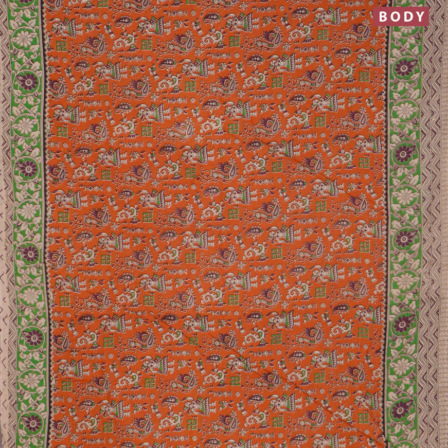 Kalamkari cotton saree orange and light green with allover prints and printed border