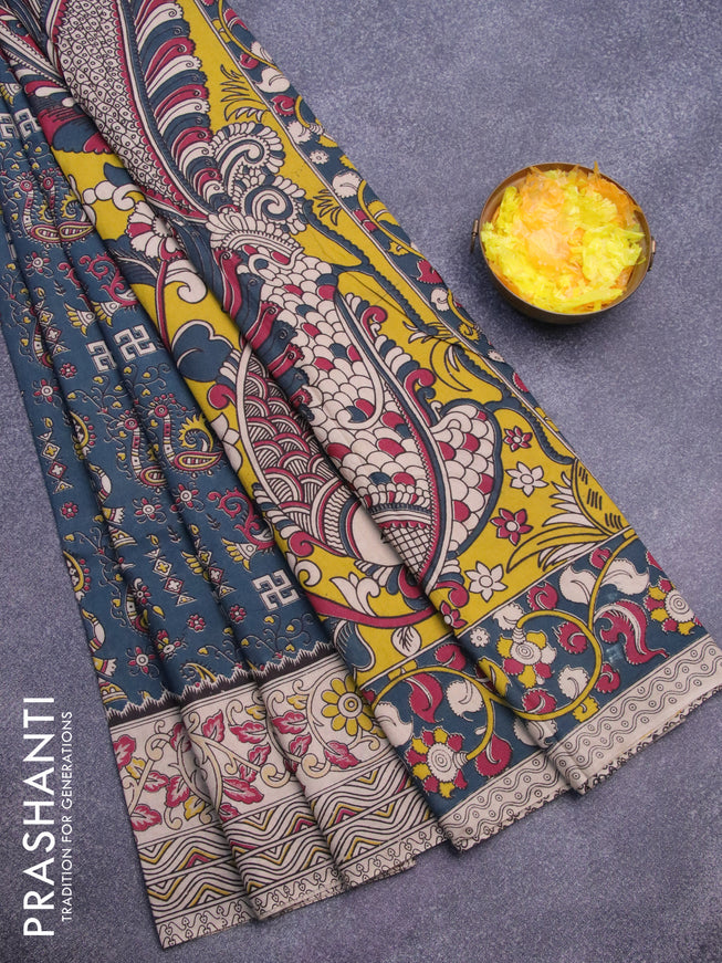 Kalamkari cotton saree peacock green and beige with allover prints and printed border
