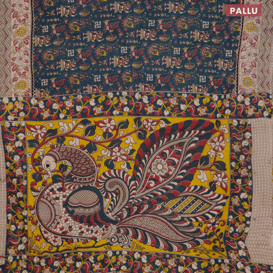 Kalamkari cotton saree peacock green and beige with allover prints and printed border