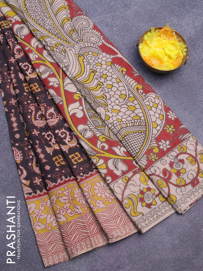 Kalamkari cotton saree black and yellow with allover prints and printed border
