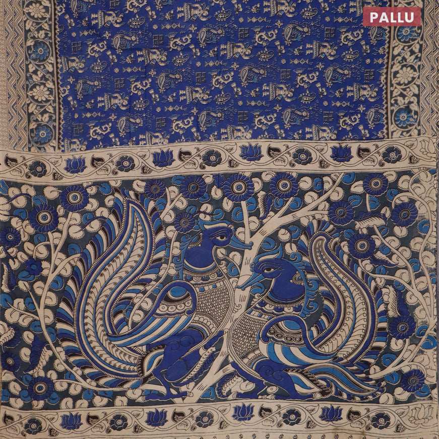 Kalamkari cotton saree blue and beige with allover prints and printed border