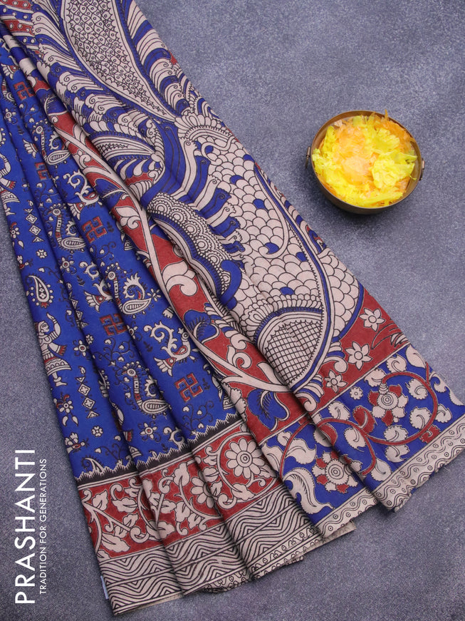 Kalamkari cotton saree blue and maroon with allover prints and printed border