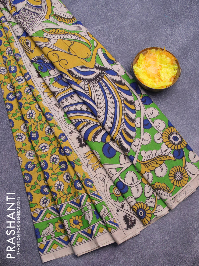 Kalamkari cotton saree yellow and green with allover prints and printed border