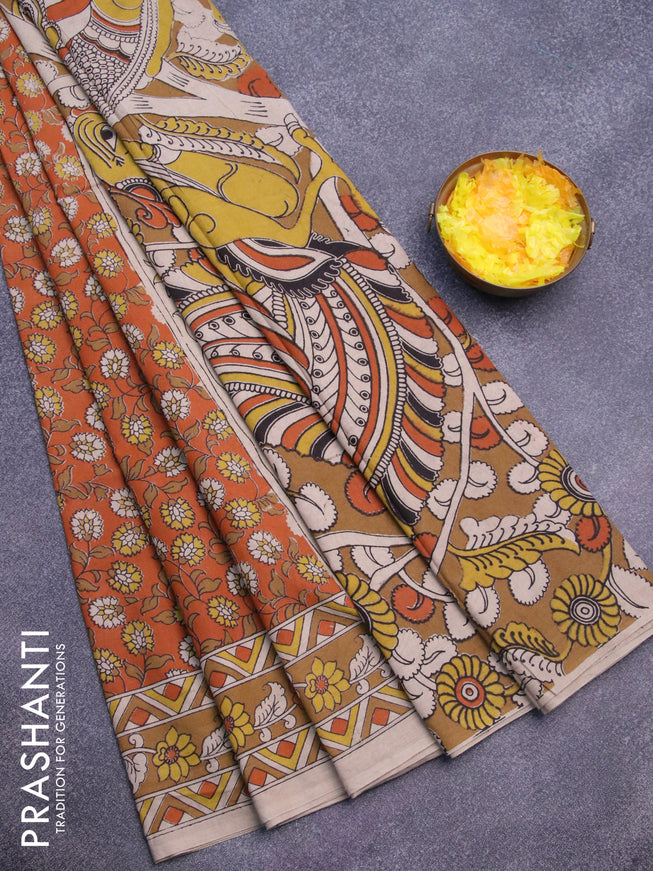 Kalamkari cotton saree rustic orage and beige with allover prints and printed border