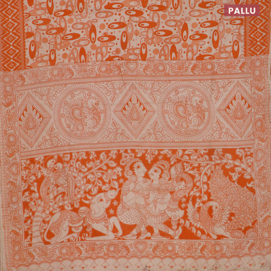 Kalamkari cotton saree beige and orange with allover prints and printed border