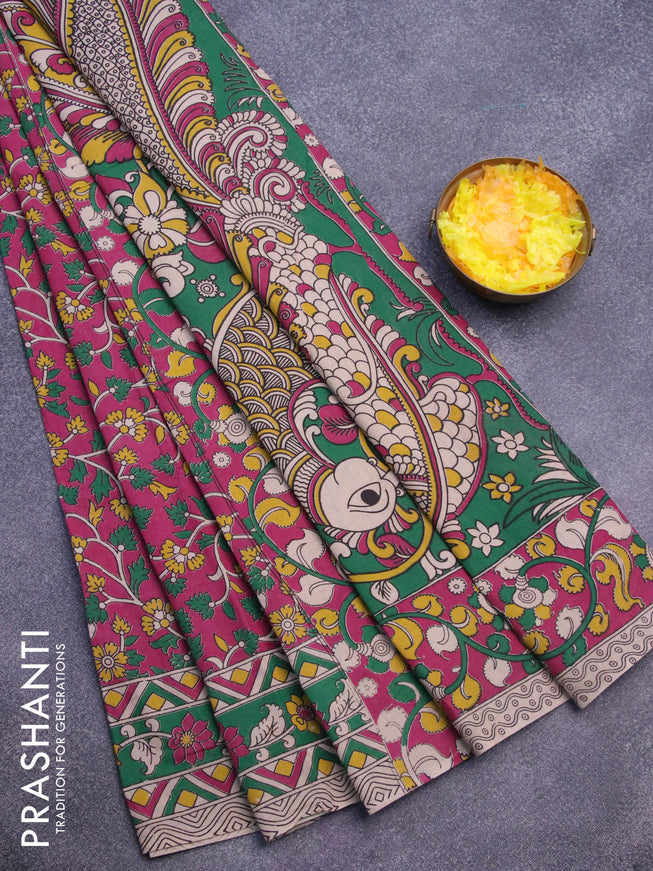 Kalamkari cotton saree magenta pink and beige with allover prints and printed border