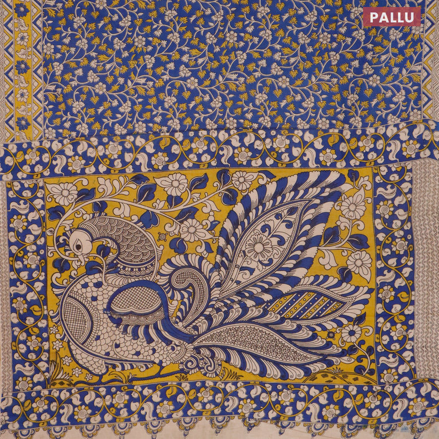 Kalamkari cotton saree peacock blue and yellow with allover prints and printed border