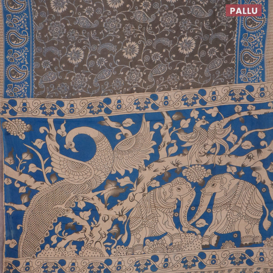 Kalamkari cotton saree grey and cs blue with allover prints and printed border