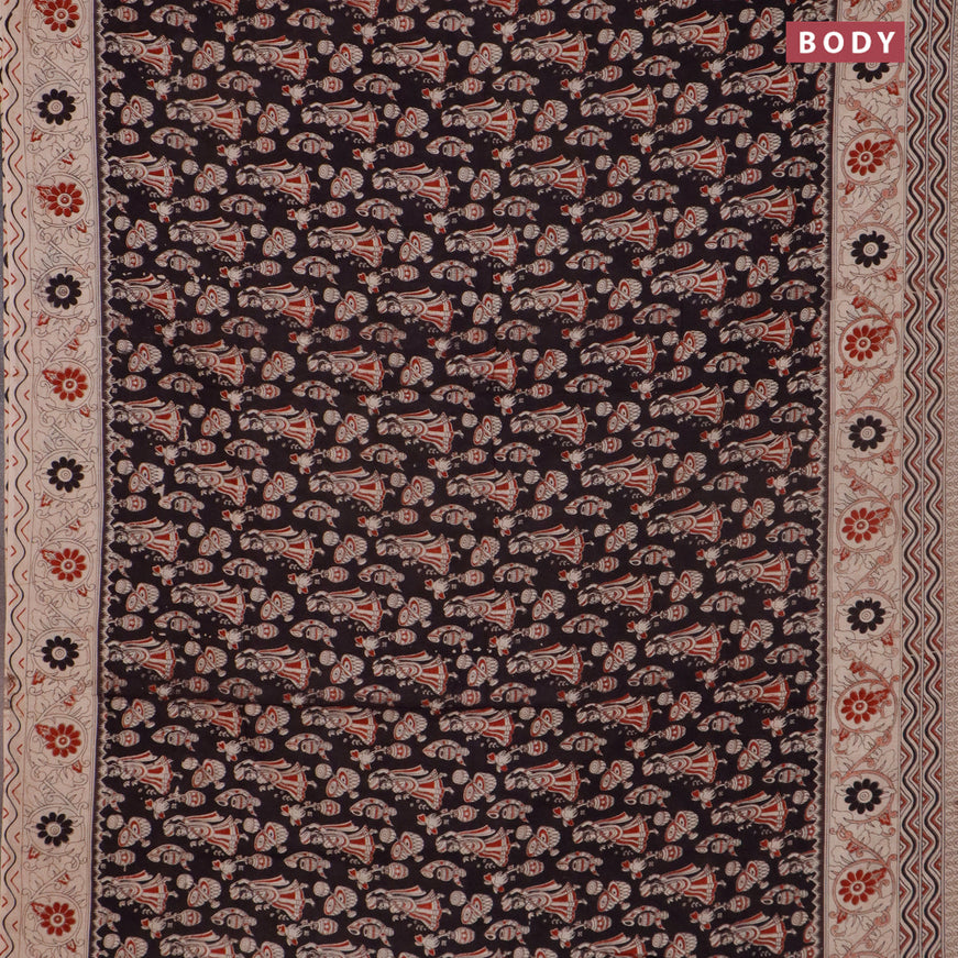 Kalamkari cotton saree black and beige with allover prints and printed border