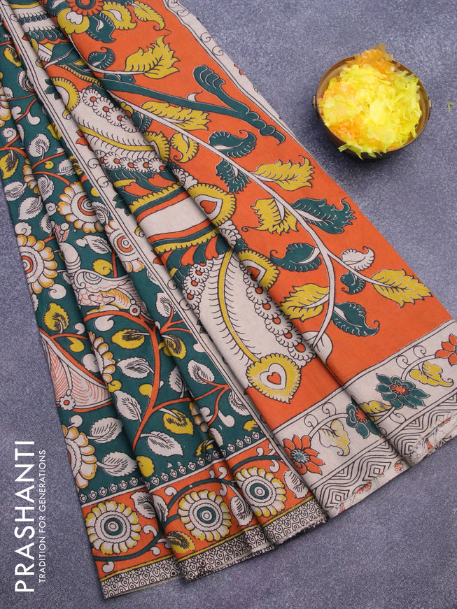 Kalamkari cotton saree green and orange with allover prints and printed border