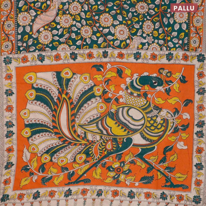 Kalamkari cotton saree green and orange with allover prints and printed border
