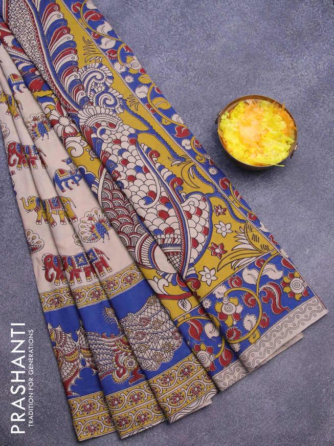 Kalamkari cotton saree beige and blue with butta prints and printed border