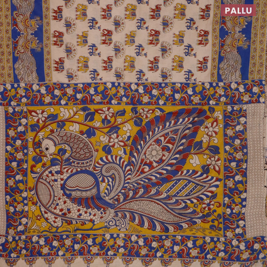 Kalamkari cotton saree beige and blue with butta prints and printed border
