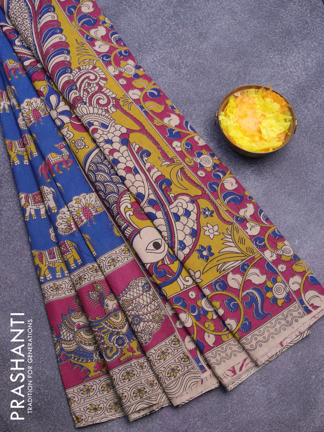 Kalamkari cotton saree blue and magenta pink with butta prints and printed border