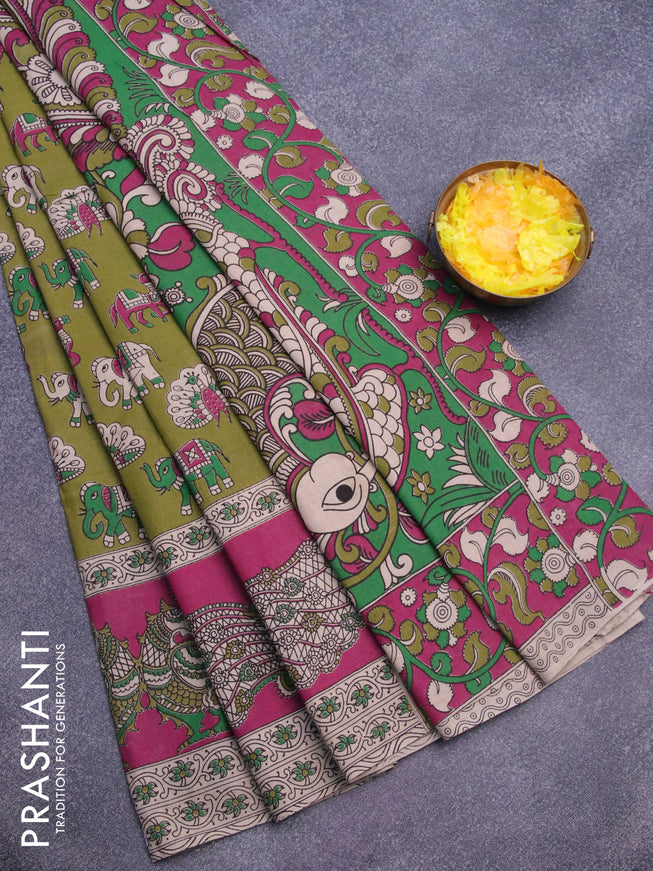 Kalamkari cotton saree mehendi green and magenta pink with butta prints and printed border