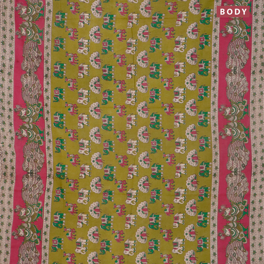 Kalamkari cotton saree mehendi green and magenta pink with butta prints and printed border