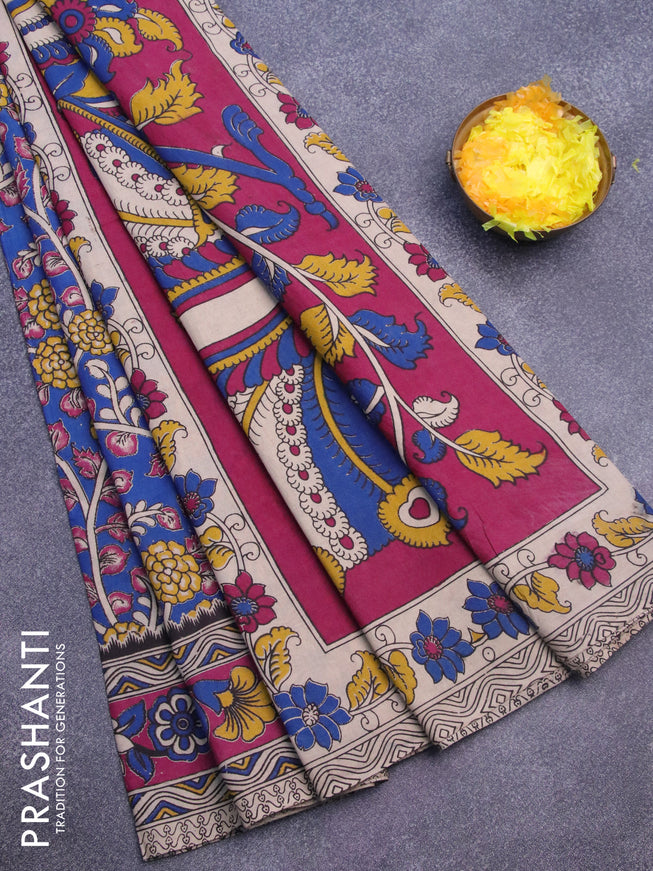 Kalamkari cotton saree blue and magenta pink with allover prints and printed border