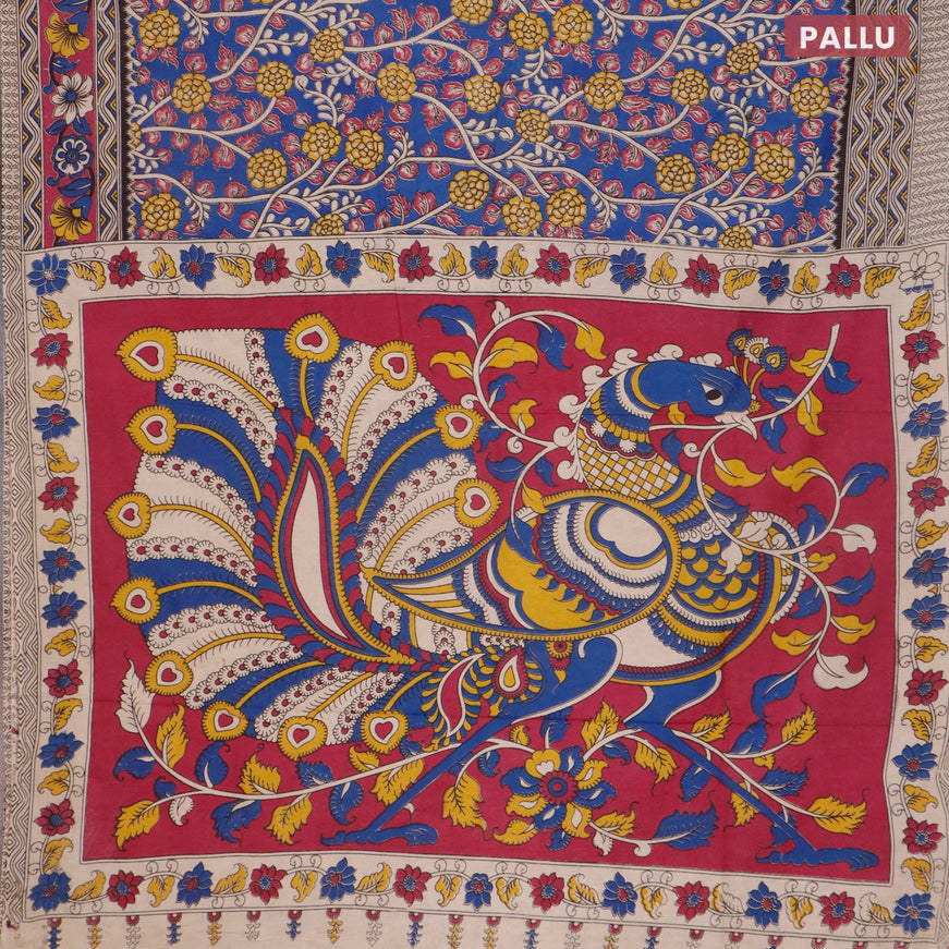 Kalamkari cotton saree blue and magenta pink with allover prints and printed border