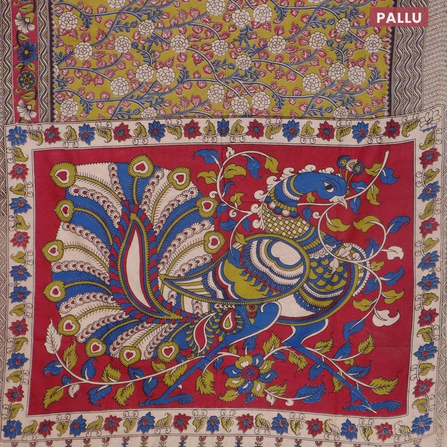 Kalamkari cotton saree mehendi green and magenta pink with allover prints and printed border