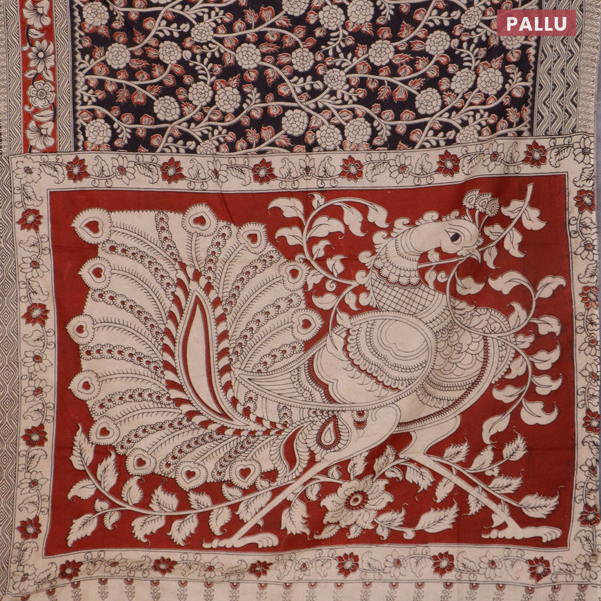 Kalamkari cotton saree black and maroon with allover prints and printed border