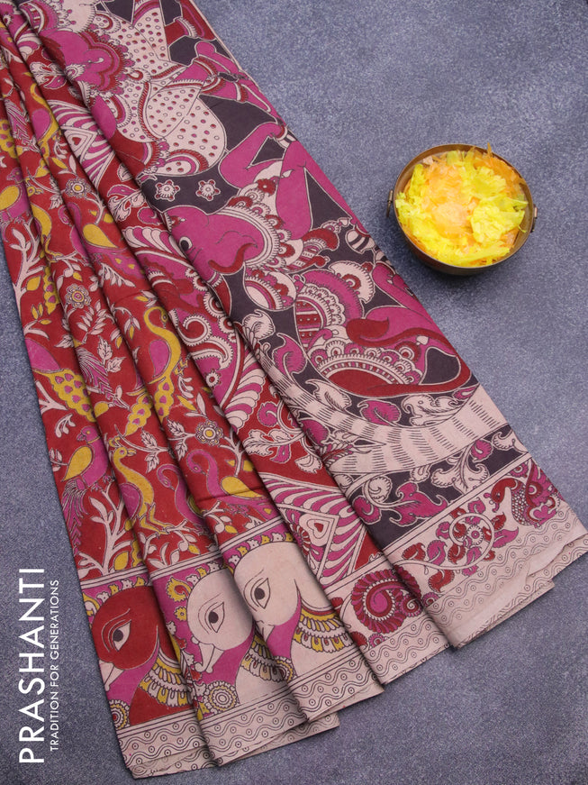 Kalamkari cotton saree maroon and beige with allover prints and printed border