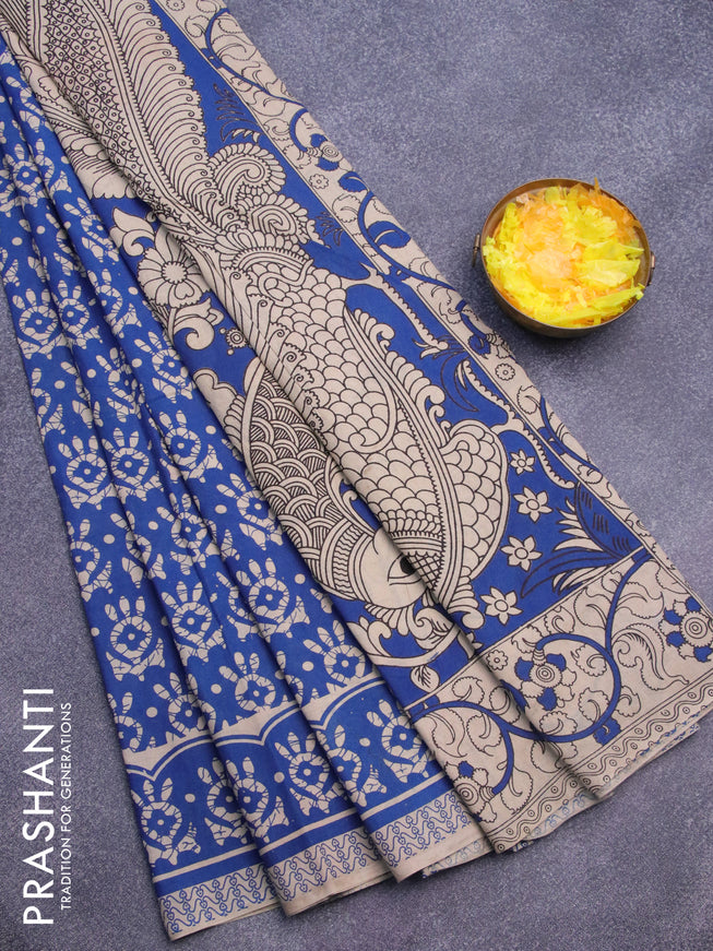 Kalamkari cotton saree blue and beige with allover butta prints and printed border