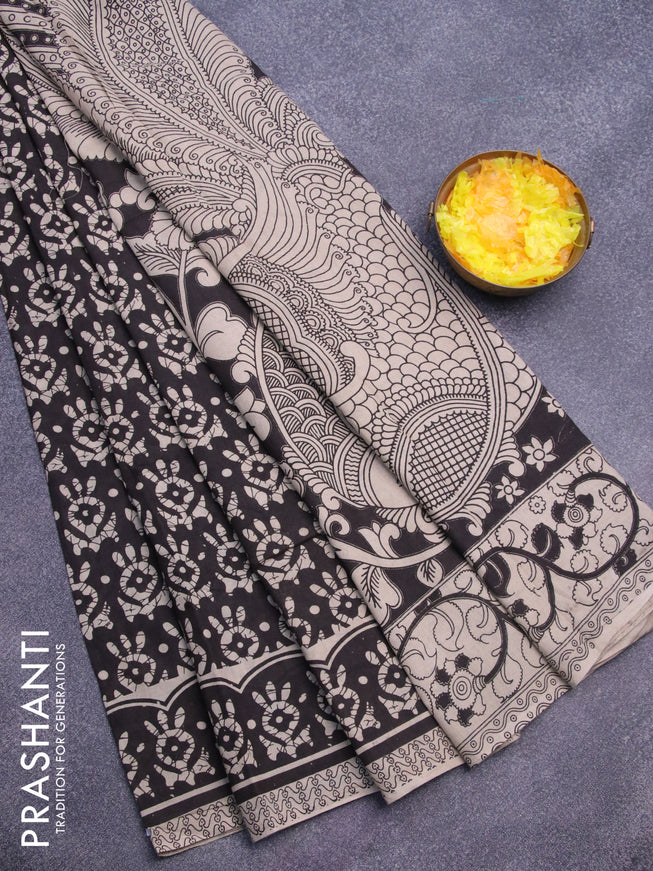 Kalamkari cotton saree black and beige with allover butta prints and printed border