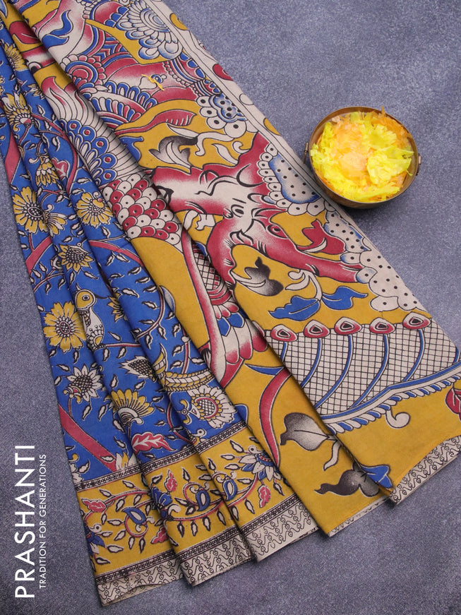 Kalamkari cotton saree blue and mustard yellow with allover prints and printed border