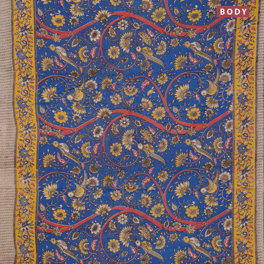 Kalamkari cotton saree blue and mustard yellow with allover prints and printed border