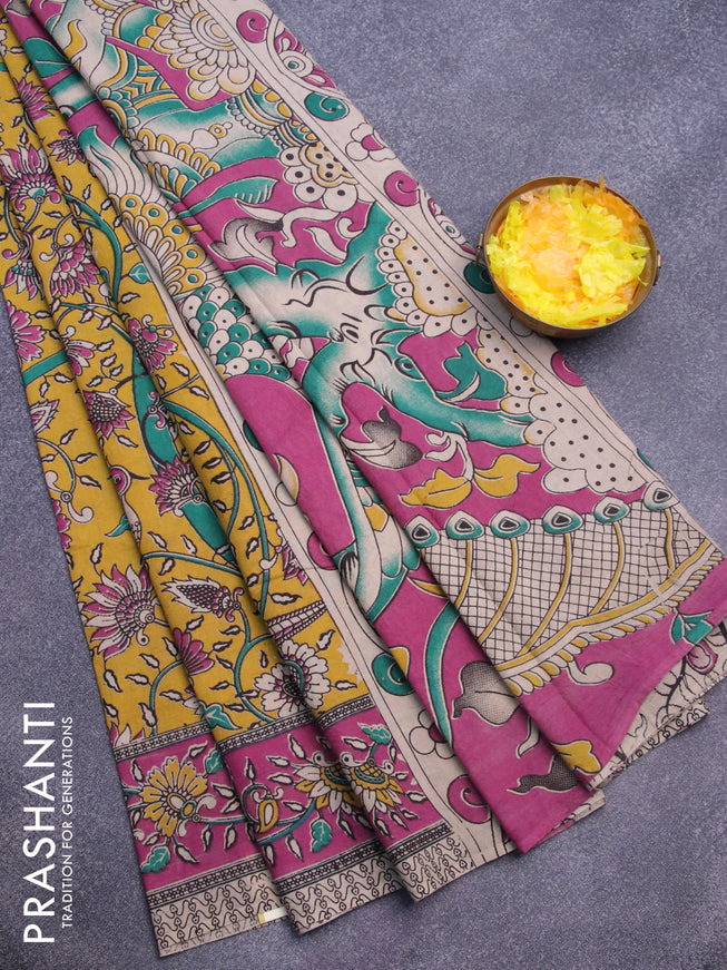 Kalamkari cotton saree mustard yellow and magenta pink with allover prints and printed border