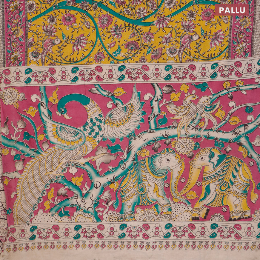 Kalamkari cotton saree mustard yellow and magenta pink with allover prints and printed border