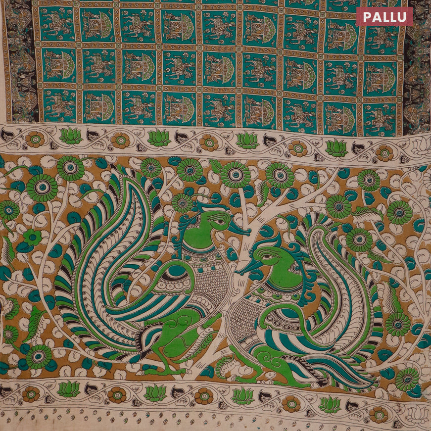 Kalamkari cotton saree teal green and black with allover prints and printed border