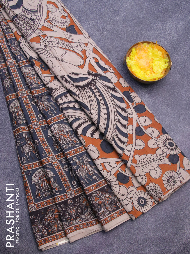 Kalamkari cotton saree grey and black with allover prints and printed border