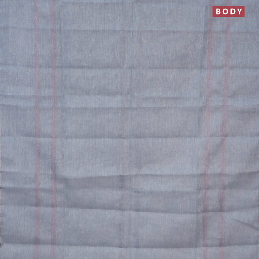 Pure linen saree greyish blue with plain body and silver zari woven piping border