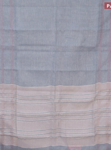 Pure linen saree greyish blue with plain body and silver zari woven piping border
