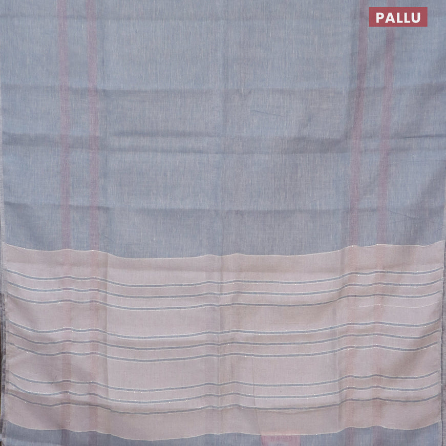 Pure linen saree greyish blue with plain body and silver zari woven piping border