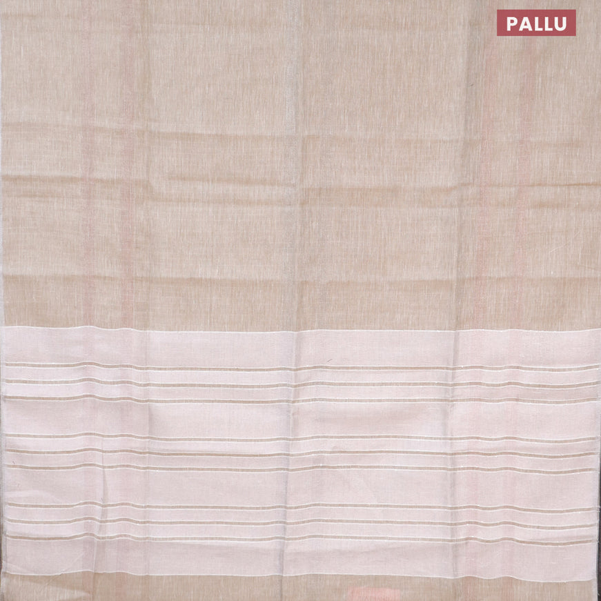 Pure linen saree beige with plain body and silver zari woven piping border
