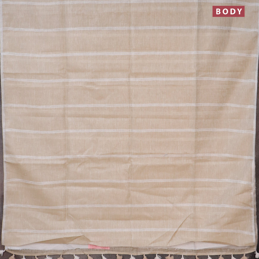Pure linen saree beige and off white with silver zari stripe pattern and silver zari woven piping border