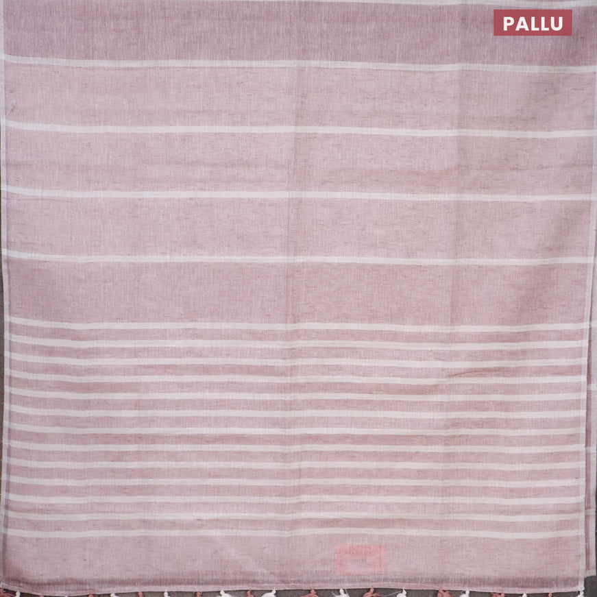 Pure linen saree pastel pink and off white with silver zari stripe pattern and silver zari woven piping border