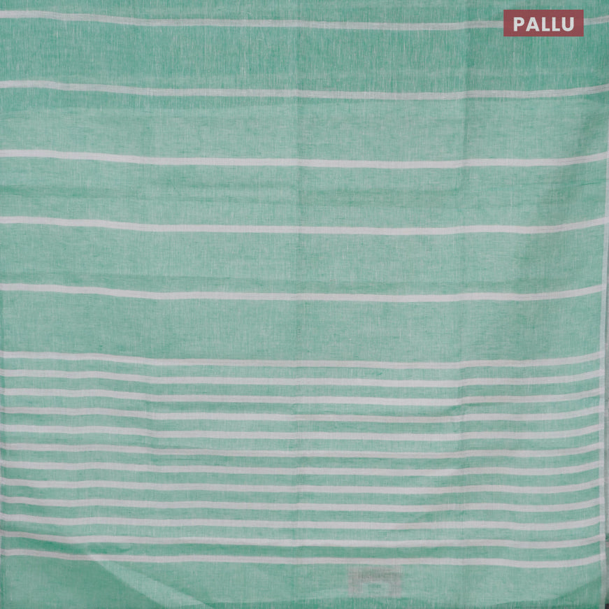Pure linen saree teal green and off white with silver zari stripe pattern and silver zari woven piping border